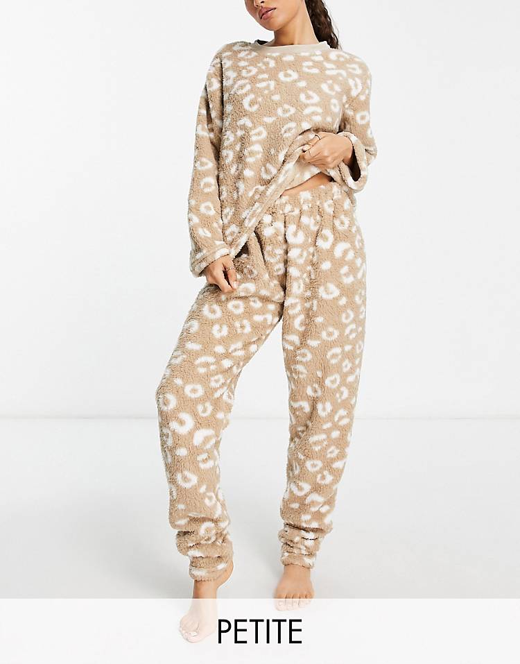 Loungeable Petite sherpa twosie sleepwear set in animal print